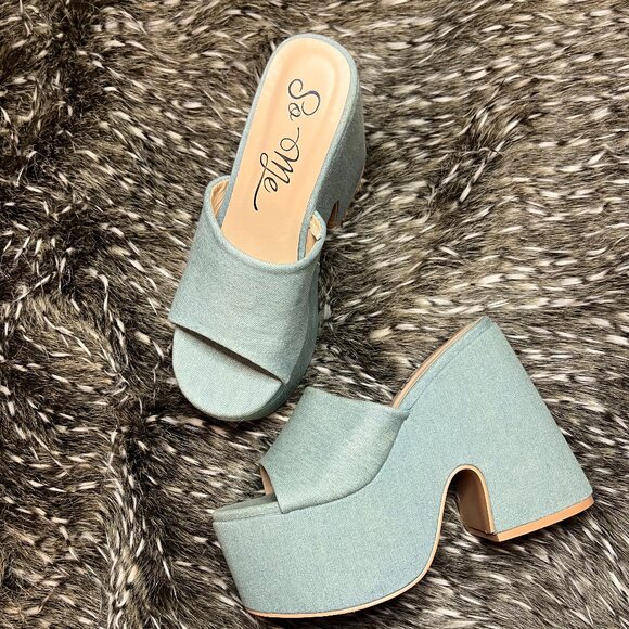 "So Me" Platform Chunky Heel Light Blue Denim Slip ons - Picture 1 of 2